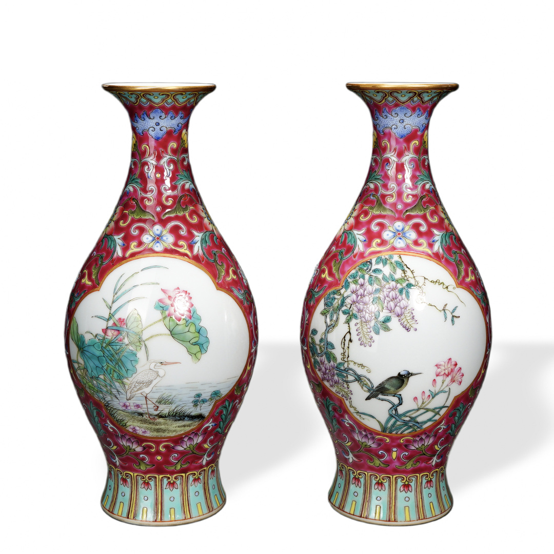 Pair of Ruby-Ground Famille Rose Vases