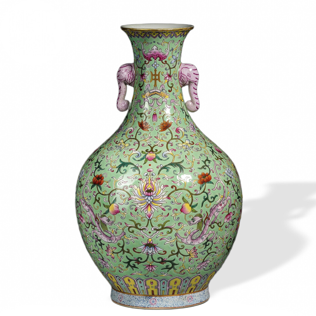 Lime-Ground Lotus Vase with Elephant Handles